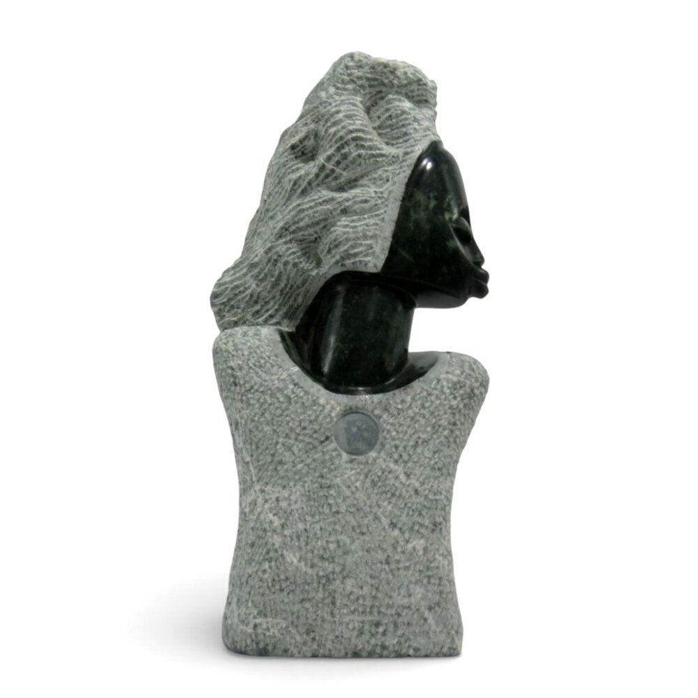 Female Bust Sculpture Hand Carved Stone Gray Green from Africa 10"